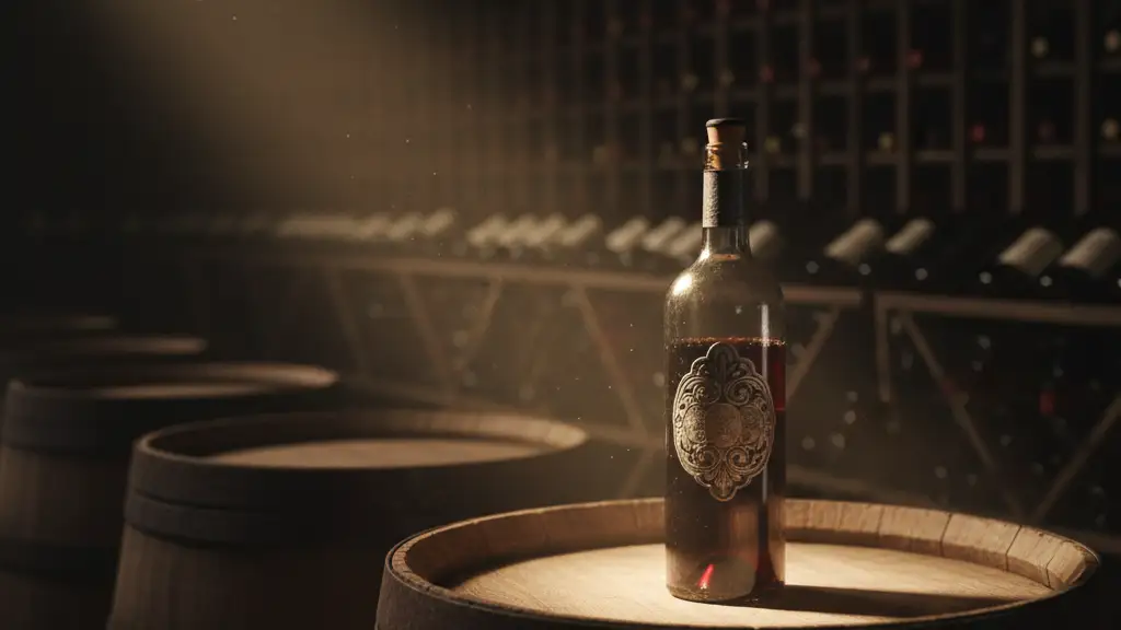 An ornate wine bottle in a dimly lit cellar, hinting at hidden value.
