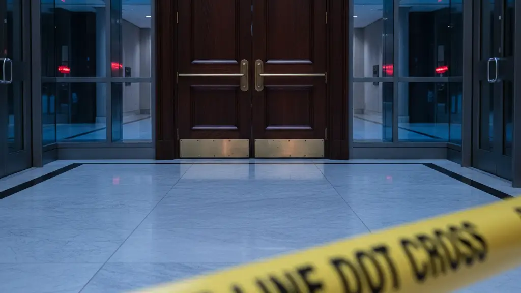 Yellow police tape stretched across a hallway in front of a closed wooden courtroom door.