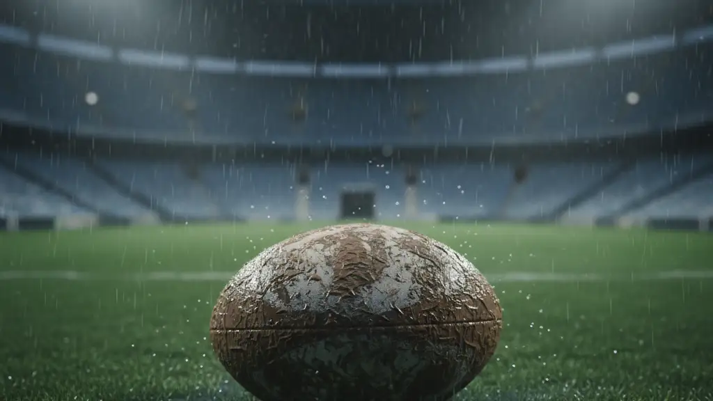 A lone rugby ball on a wet pitch under stadium lights.