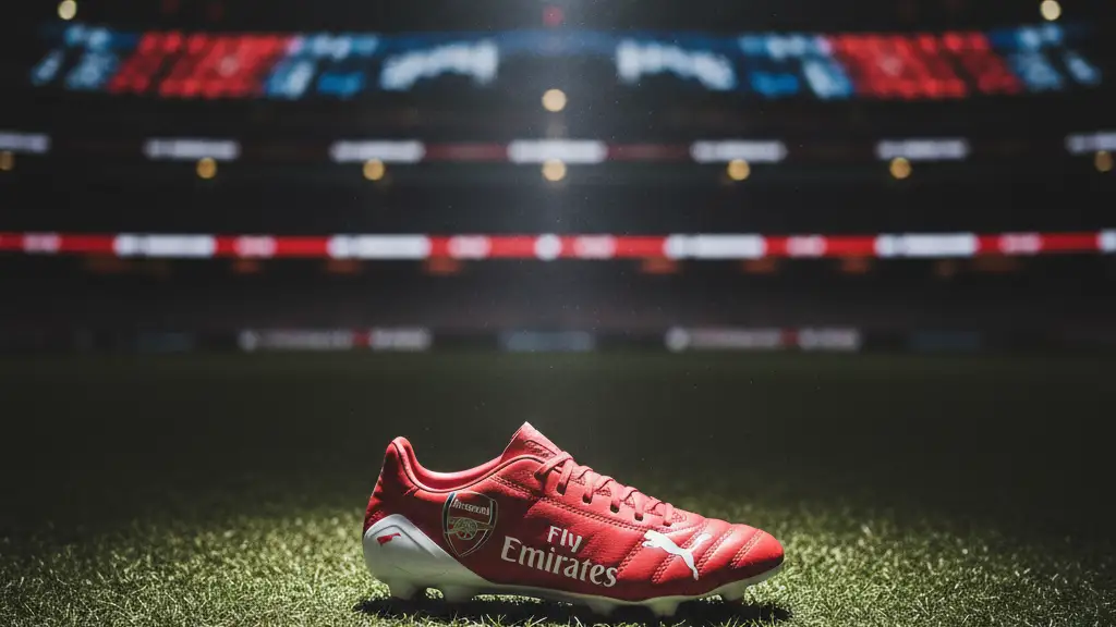 A single Arsenal football boot on a dark pitch under a spotlight.
