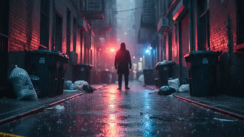 Silhouette of a person at the end of an alley with police lights and tape.