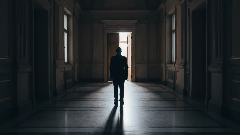 Silhouette of a figure in a grand hallway, facing a distant door.