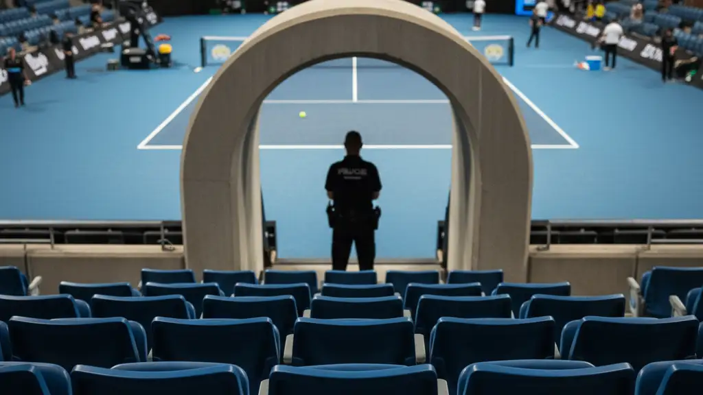 Empty blue stadium seats at a tennis match with a blurred security guard in the background.