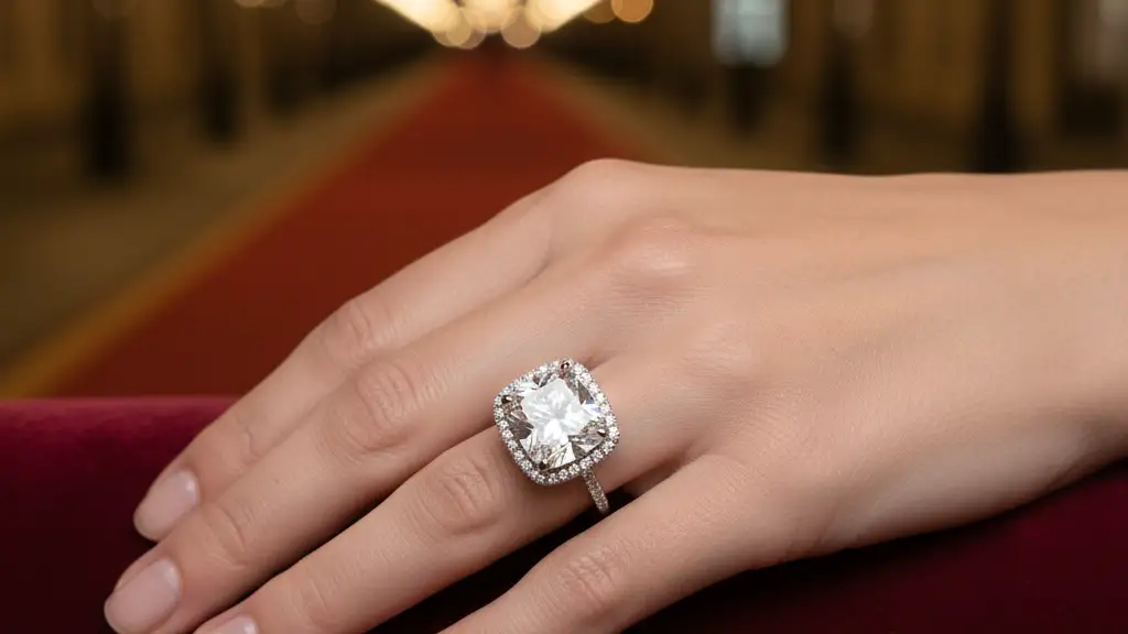 A close-up of a diamond engagement ring on a hand against a blurred background.